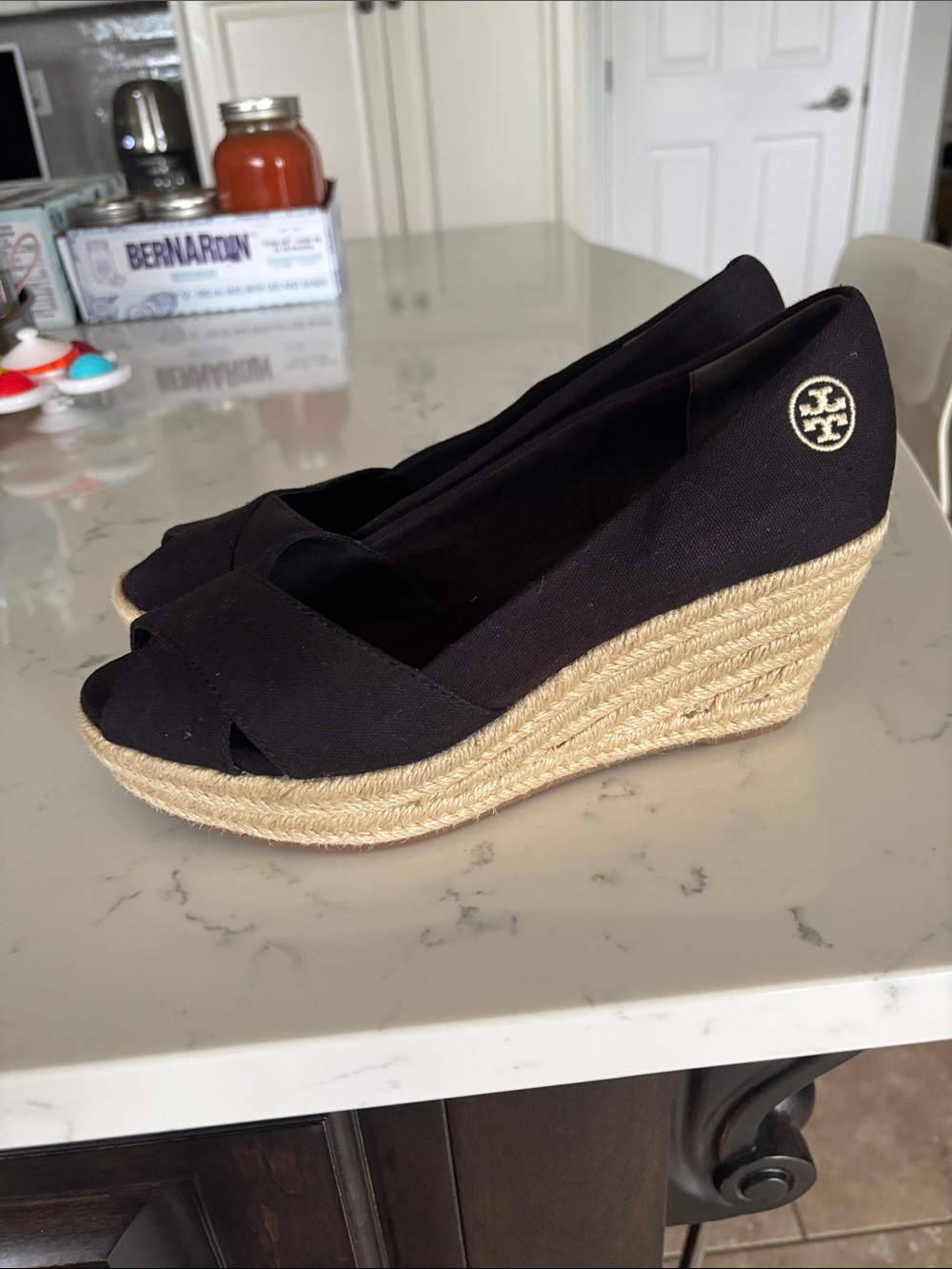 Tory Burch Black Espadrille Wedge Peep-Toe Sandals